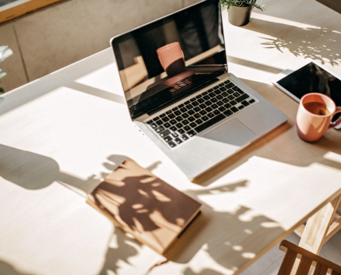 Home office set up. Laptop and planner on desk, green plant in the background. Light streaming in from the window.
